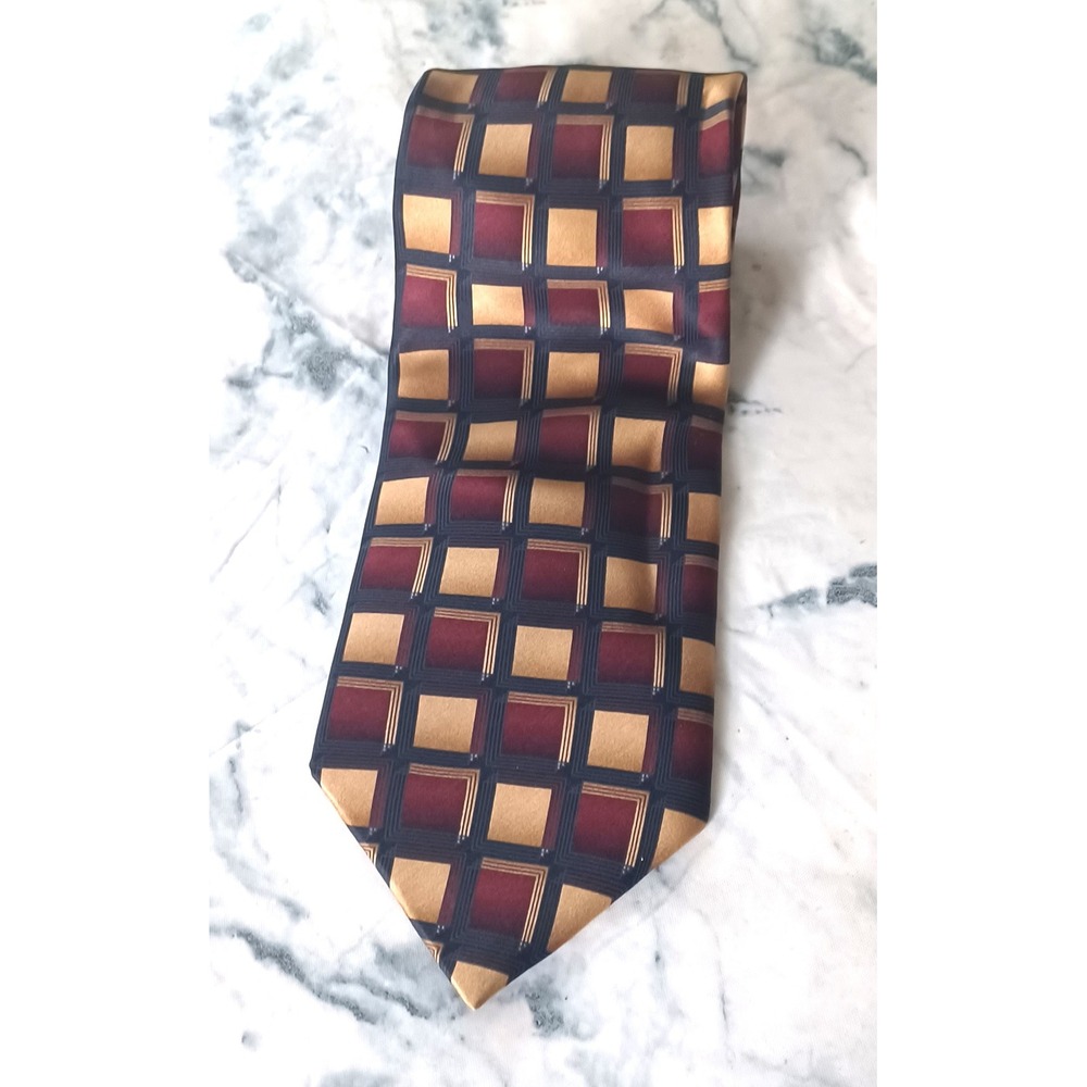 Duomo Milano Silk Necktie Gold Burgundy Geometric Square Luxe Dapper Classic
